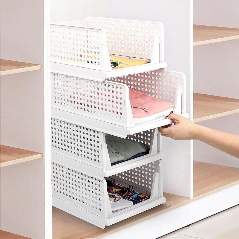 MARKWELL 4 Layer Stackable Wardrobe Storage Box Plastic Sliding Drawer Organizer Foldable Clothes Shelf Baskets Folding Cube Bins Perfect for Kitchen Bedroom Sliding Drawer White - Image 4