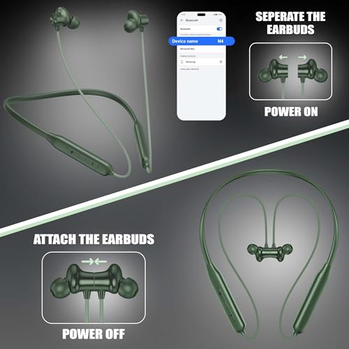 Kratos N4 Bluetooth Neckband with 52H Playtime, Deep Bass, Stereo Sound, HD Calls, Magnetic Earbuds, Type-C Fast Charging, Rich Audio, Hollow Switch for Comfort & Style - Green - Image 4