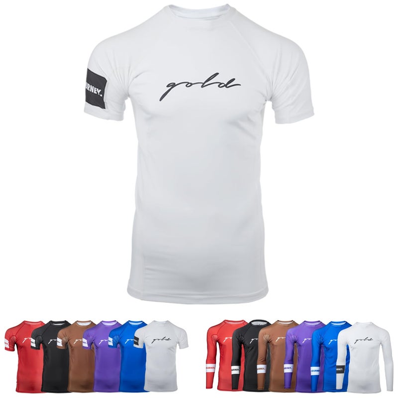 Gold BJJ Foundation Rash Guard Ranked NoGi and Gi Jiu Jitsu Rashguard Short Sleeve White XXL