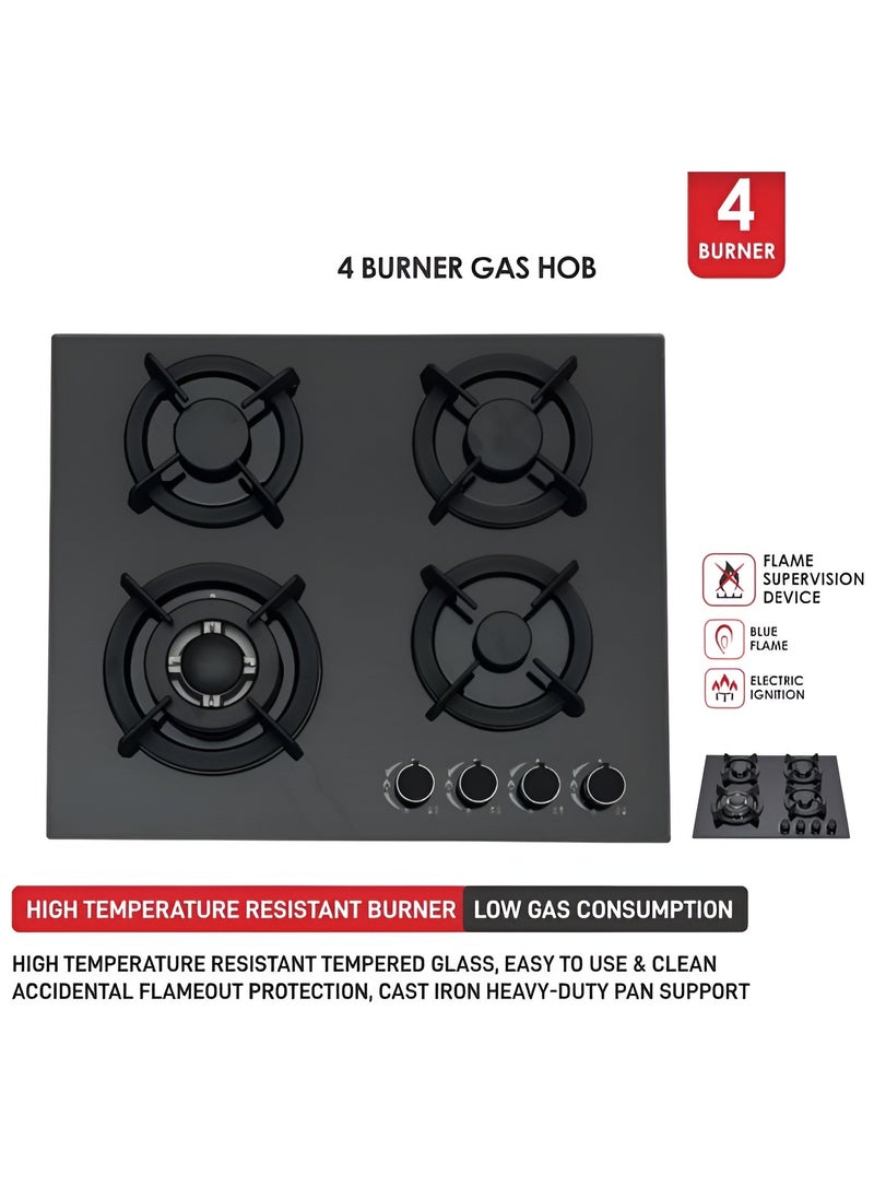 Generic - 4 Burner Glass Gas Hob with Blue Flame Technology & Flame Supervision Device FSD Cast Iron Heavy Duty Burners, Electric Ignition, Tempered Glass Cooktop  Safe, Durable, and Efficient Gas Stove for Modern Kitchens - Image 1