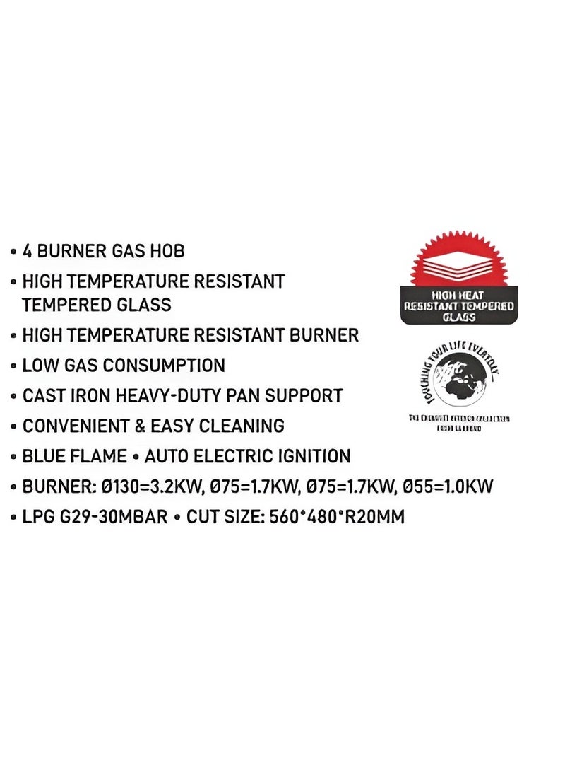 Generic - 4 Burner Glass Gas Hob with Blue Flame Technology & Flame Supervision Device FSD Cast Iron Heavy Duty Burners, Electric Ignition, Tempered Glass Cooktop  Safe, Durable, and Efficient Gas Stove for Modern Kitchens - Image 1