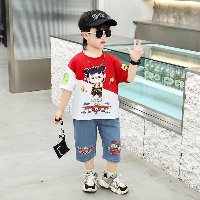 Nata Clothing Summer Boys' Outfit Stylish Baby Summer Outfit With Diagonal Short-Sleeve T-Shirt And Jeans - Image 4