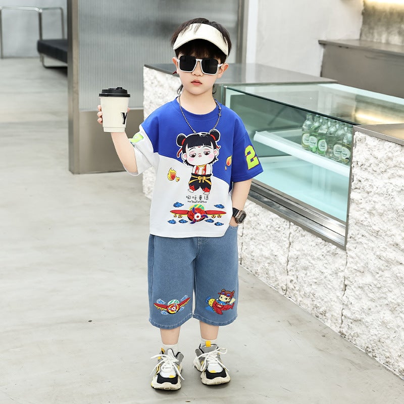 Nata Clothing Summer Boys' Outfit Stylish Baby Summer Outfit With Diagonal Short-Sleeve T-Shirt And Jeans - Image 3