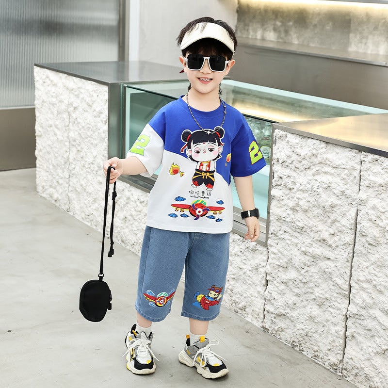 Nata Clothing Summer Boys' Outfit Stylish Baby Summer Outfit With Diagonal Short-Sleeve T-Shirt And Jeans - Image 5