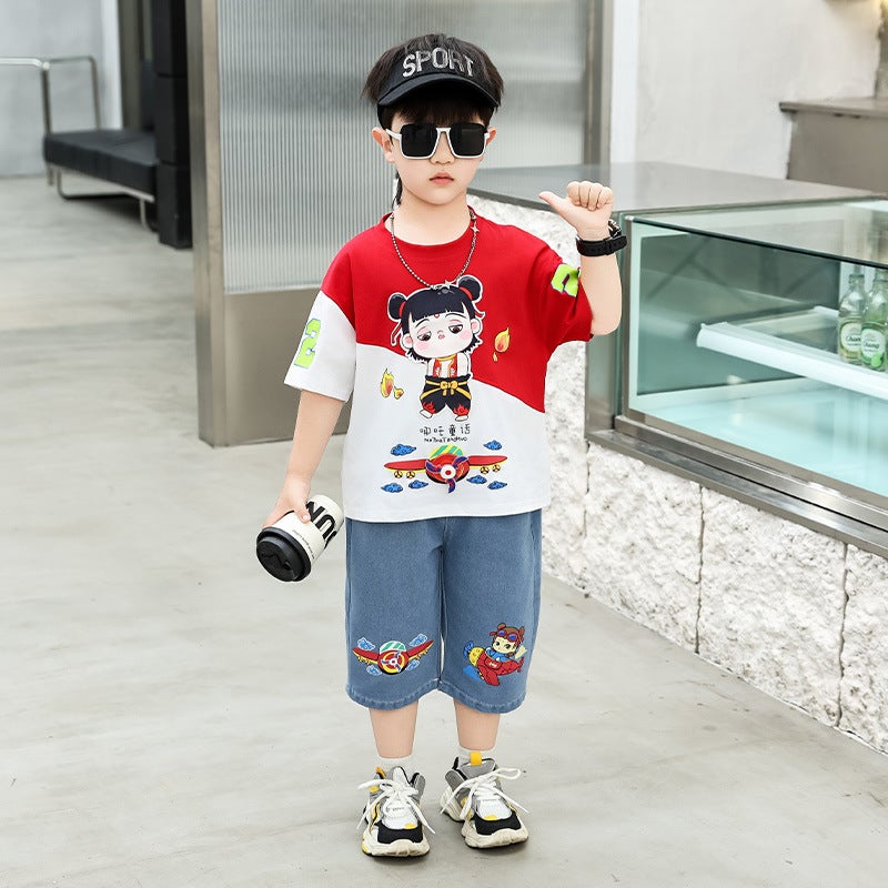 Nata Clothing Summer Boys' Outfit Stylish Baby Summer Outfit With Diagonal Short-Sleeve T-Shirt And Jeans - Image 2