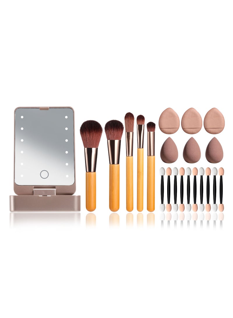 general Portable Travel Makeup Brush Set 5 Bamboo Bing Mini Beauty Eggs Led Mirror Makeup Brushes - Image 1