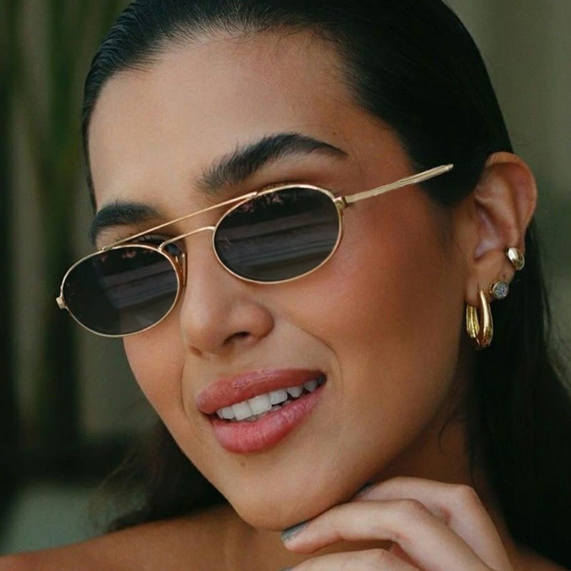 Metal Double Beam Oval Sunglasses Women'S Ins Fashion Retro Street Poshoot Sunglasses Fashion Spice Girls Small Frame Glasses - Image 2