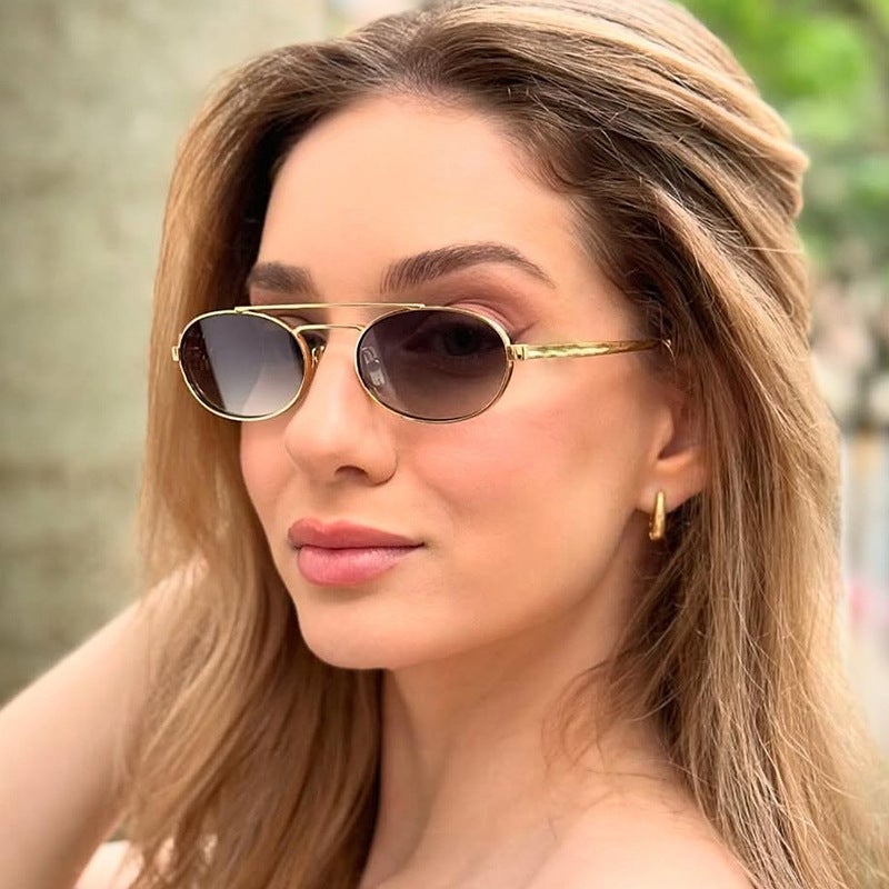 Metal Double Beam Oval Sunglasses Women'S Ins Fashion Retro Street Poshoot Sunglasses Fashion Spice Girls Small Frame Glasses - Image 3
