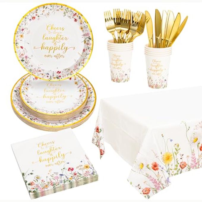 Crisky Bridal Shower Plates and Napkins Gold Cheers to Love Disposable Tableware Set of 24 for Engagement Bridal Shower Wedding Party Decorations (Plates, Napkin, Cups, Tablecloth, Knife & Fork)