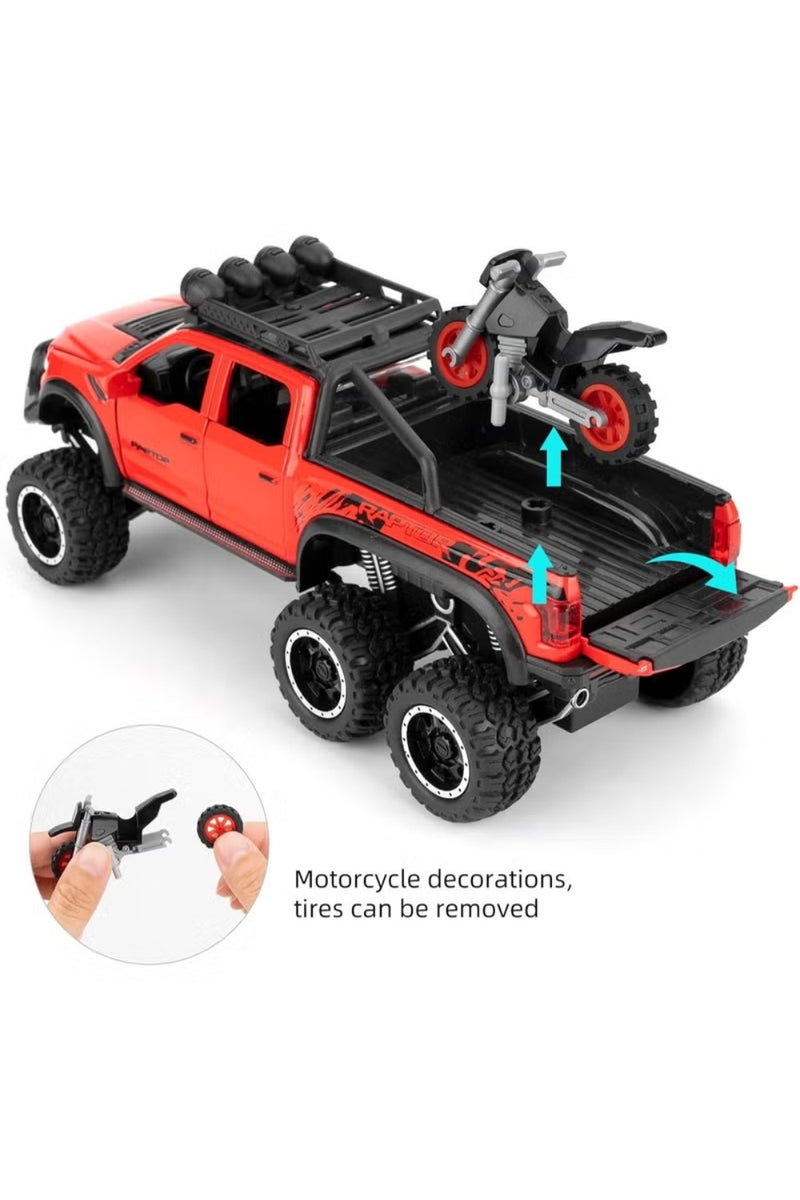 LIMOS Raptor F150 Diecast Metal Toy Pickup Truck with Motorcycle – 8.6 Inch Pull Back Truck Toy for Boys Age 3-10 with Lights & Sounds, 6-Wheel Model Car, Gift for Kids - Image 2