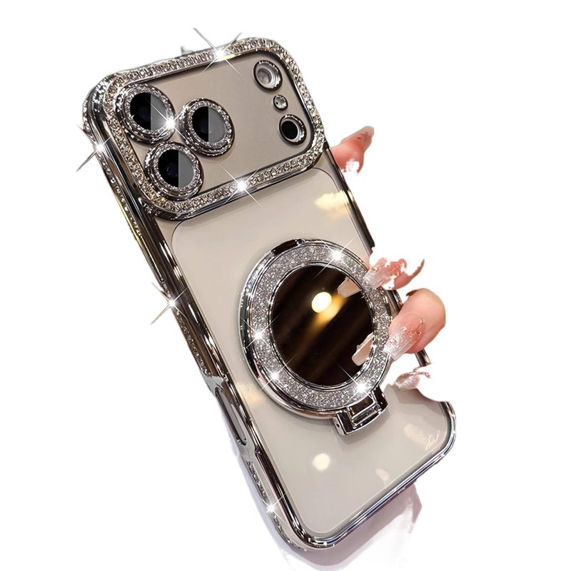 TPU MagSafe Case for iPhone 14 / 14 Plus / 14 Pro / 14 Pro Max with Kickstand and Strong Magnetic plus Glitter plus Mirror in Silver - Image 3