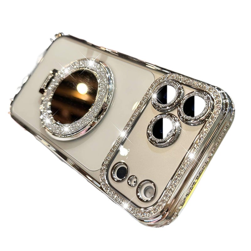 TPU MagSafe Case for iPhone 14 / 14 Plus / 14 Pro / 14 Pro Max with Kickstand and Strong Magnetic plus Glitter plus Mirror in Silver - Image 1