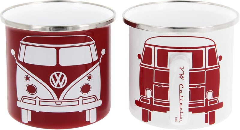 BRISA VW Collection  Volkswagen 2piece Enamel CoffeeTea Mug Cup Set for Camping  Outdoor T1 Bus WhiteRed - Image 1