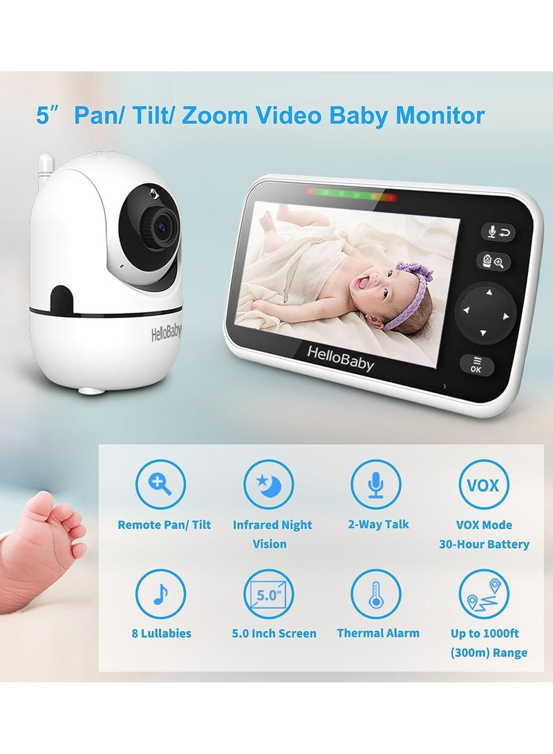 هالو بيبي جهاز مراقبة الأطفال HelloBaby - شاشة مقاس 5 بوصة مع بطارية تدوم 30 ساعة، قابل للإمالة والتكبير مع كاميرا وصوت، رؤية ليلية، VOX، محادثة ثنائية الاتجاه، 8 تهويدات ونطاق 100 - Image 4