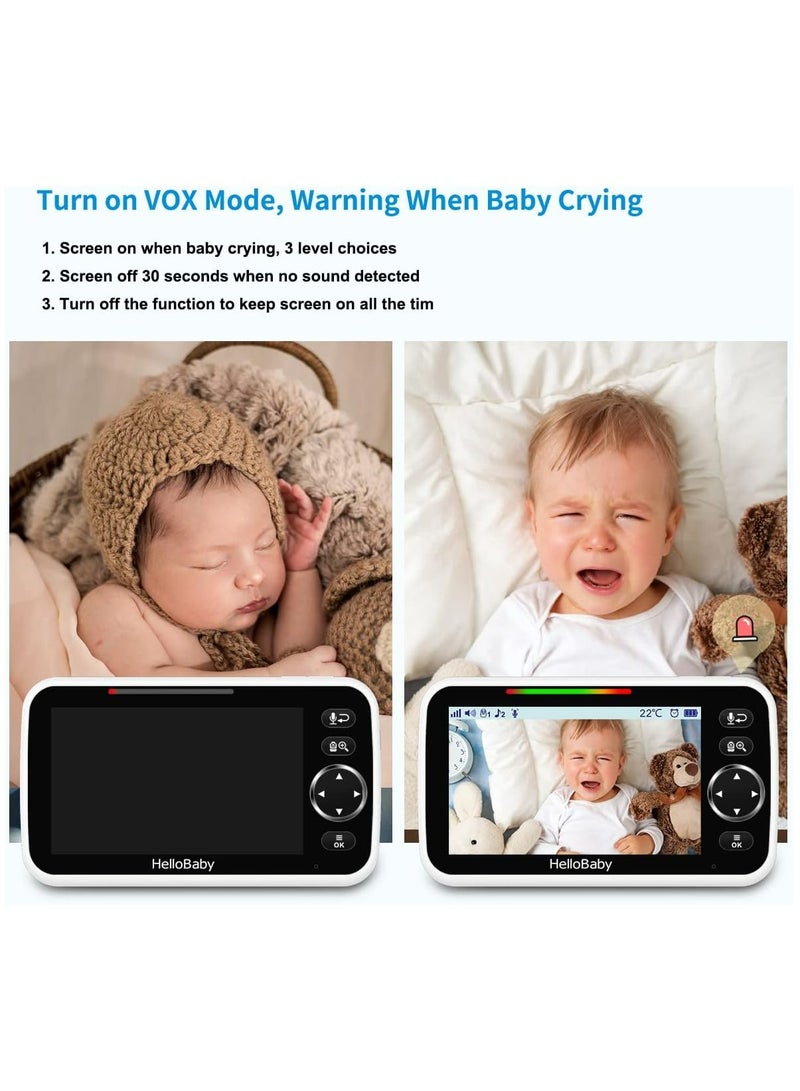 هالو بيبي جهاز مراقبة الأطفال HelloBaby - شاشة مقاس 5 بوصة مع بطارية تدوم 30 ساعة، قابل للإمالة والتكبير مع كاميرا وصوت، رؤية ليلية، VOX، محادثة ثنائية الاتجاه، 8 تهويدات ونطاق 100 - Image 5
