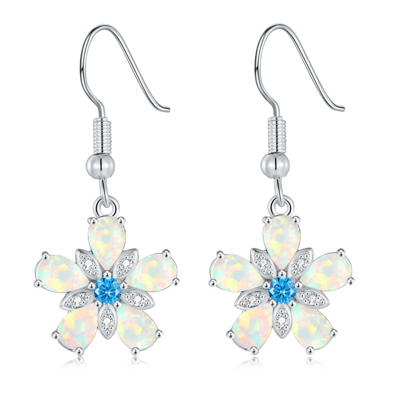CiNily Flower Dangle Earrings for Women White Opal Drop Dangle Earrings 14K White Gold Plated Dainty Leverback Dangle Earrings Lightweight Statement Clearance Jewelry - Image 1