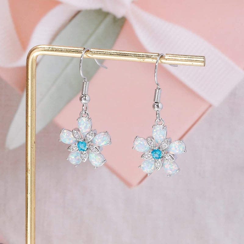CiNily Flower Dangle Earrings for Women White Opal Drop Dangle Earrings 14K White Gold Plated Dainty Leverback Dangle Earrings Lightweight Statement Clearance Jewelry - Image 4