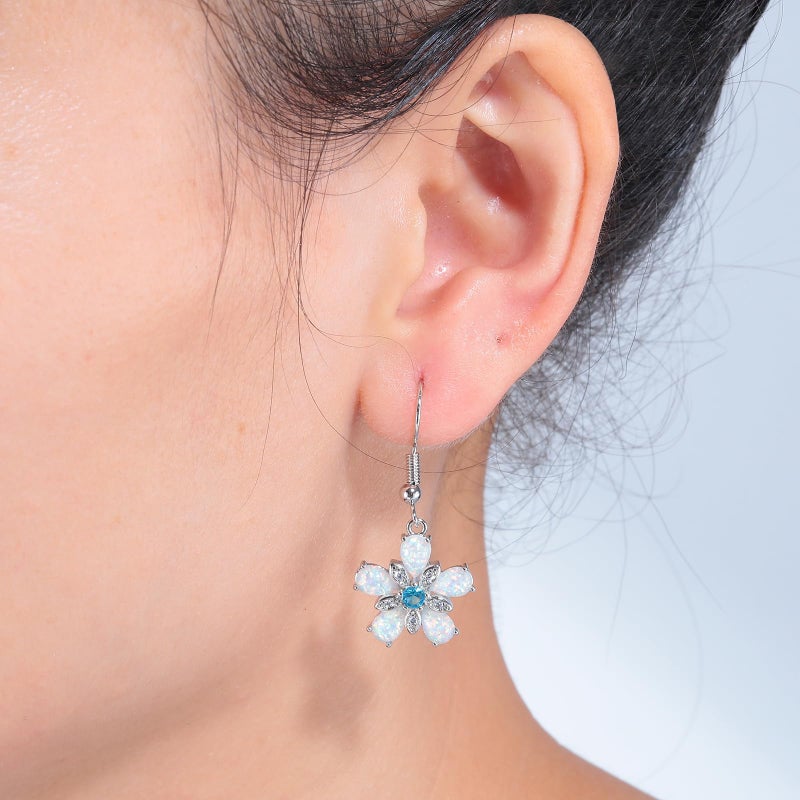 CiNily Flower Dangle Earrings for Women White Opal Drop Dangle Earrings 14K White Gold Plated Dainty Leverback Dangle Earrings Lightweight Statement Clearance Jewelry - Image 2