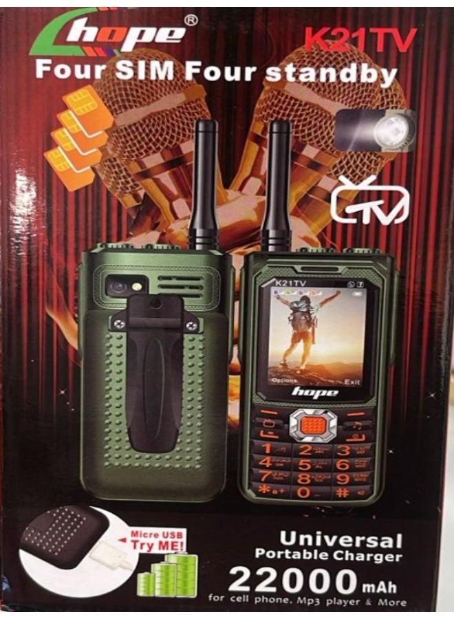 Hope The K21TV mobile phone has a strong signal, supports four SIM cards, has a 22000 mAh battery, supports the second generation network, has a portable mobile phone charger, and a multi-color MP3 player. - Image 1