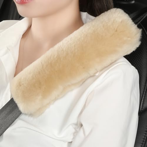 AOGELAN 2 Pack Fluffy Fuzzy Genuine Sheepskin Car Seat Belt Cover Seatbelt Cushion for Soft Auto Lambswool Shoulder Strap Cushion Adults 2 Bamboo - Image 1