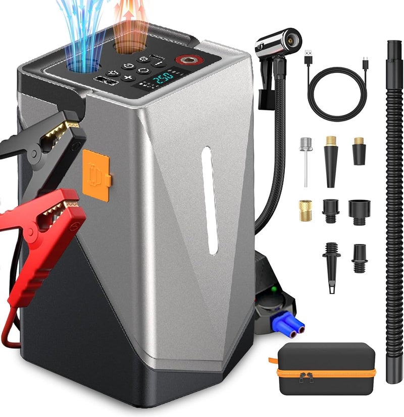 MQUPIN Car Jump Starter with Air Compressor,3000A Peak Battery Jumper, 12V Portable Jump Starter for 8.0L Gas & 7.0L Diesel Cars, Black, USB Ports & LED Flashlight - Image 2