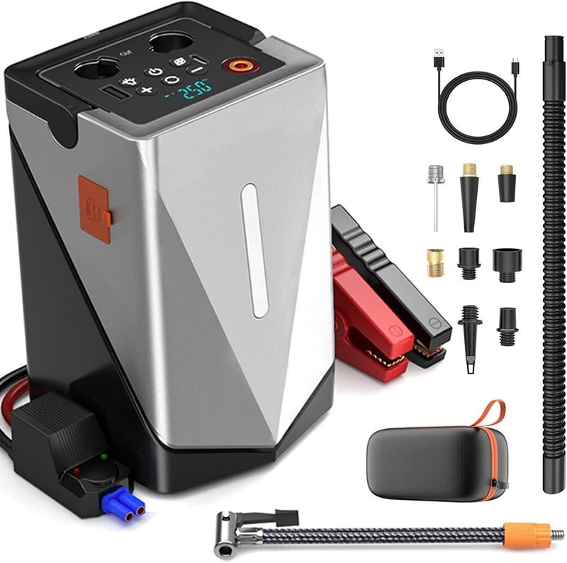 MQUPIN Car Jump Starter with Air Compressor,3000A Peak Battery Jumper, 12V Portable Jump Starter for 8.0L Gas & 7.0L Diesel Cars, Black, USB Ports & LED Flashlight - Image 1