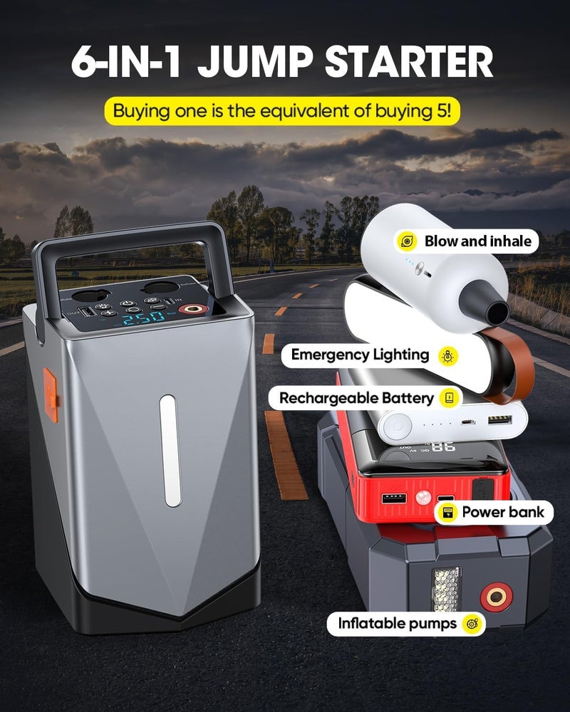 MQUPIN Car Jump Starter with Air Compressor,3000A Peak Battery Jumper, 12V Portable Jump Starter for 8.0L Gas & 7.0L Diesel Cars, Black, USB Ports & LED Flashlight - Image 3