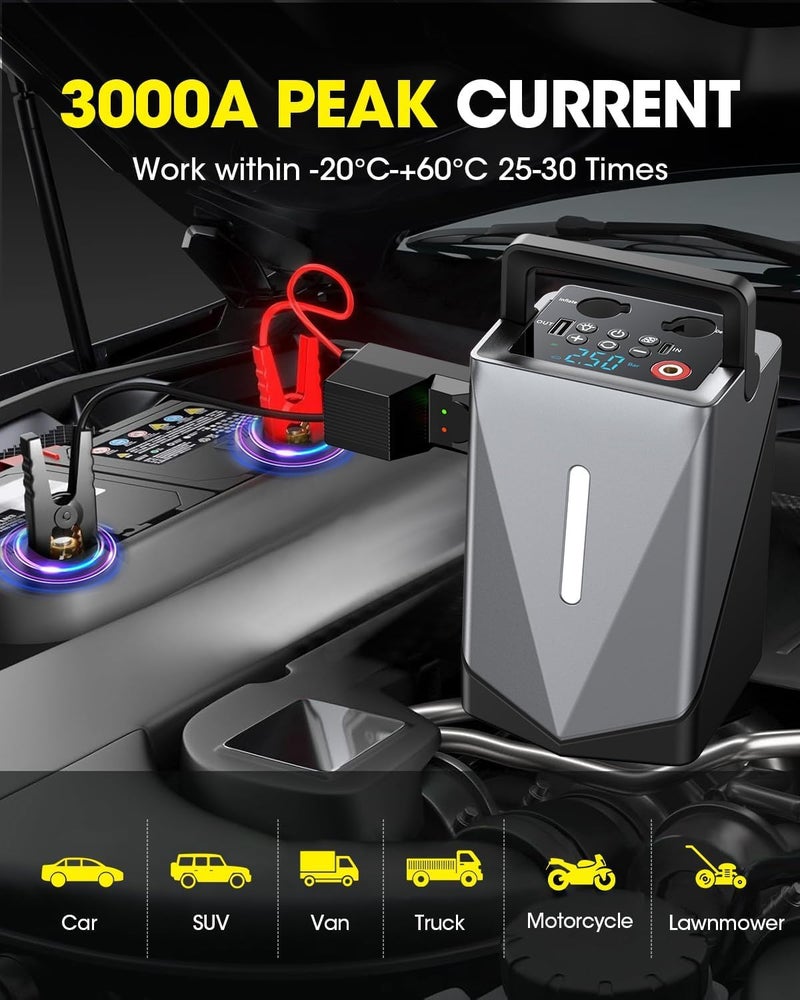 MQUPIN Car Jump Starter with Air Compressor,3000A Peak Battery Jumper, 12V Portable Jump Starter for 8.0L Gas & 7.0L Diesel Cars, Black, USB Ports & LED Flashlight - Image 4