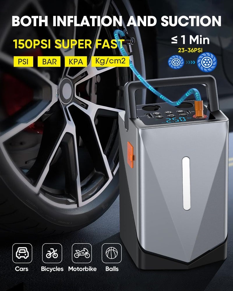 MQUPIN Car Jump Starter with Air Compressor,3000A Peak Battery Jumper, 12V Portable Jump Starter for 8.0L Gas & 7.0L Diesel Cars, Black, USB Ports & LED Flashlight - Image 5