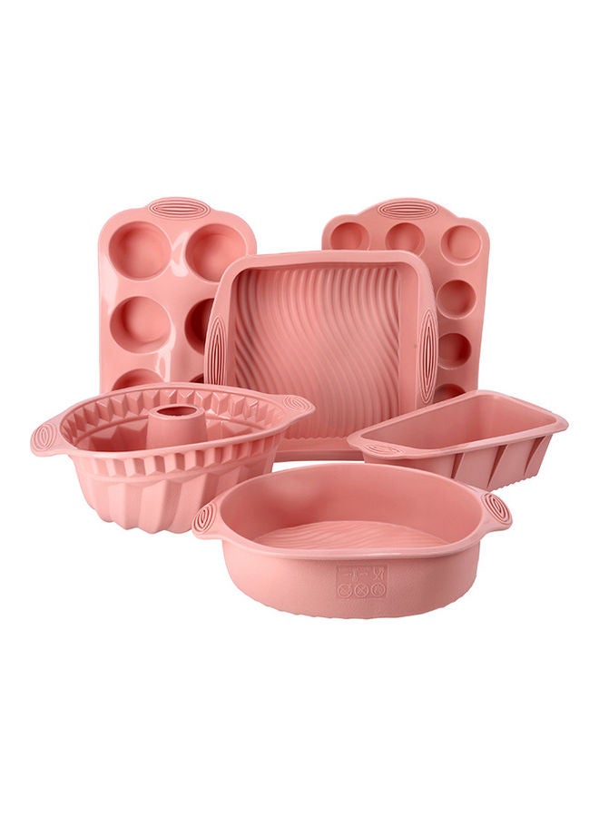 Royalford 6-Piece Silicone Bakeware Non-Stick Bakeware Oven Safe Pan Loaf Pan Round Pan Square Pan Bundt Pan 6 Cups Muffin Pan Pink - Image 1