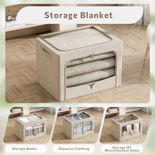 FHSQX 3 Pack Clothes Storage Bins - Foldable Metal Frame Storage Box - Stackable Linen Fabric Container Organizer Set with Carrying Handles and Clear Window (Beige, 19.7x15.7x13inch(66L)) - Image 2