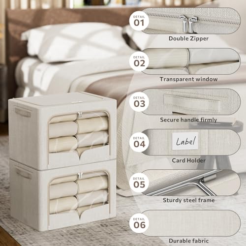 FHSQX 3 Pack Clothes Storage Bins - Foldable Metal Frame Storage Box - Stackable Linen Fabric Container Organizer Set with Carrying Handles and Clear Window (Beige, 19.7x15.7x13inch(66L)) - Image 4