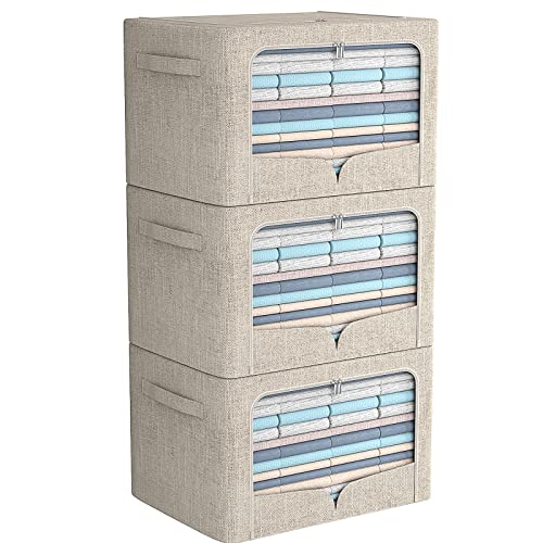 FHSQX 3 Pack Clothes Storage Bins - Foldable Metal Frame Storage Box - Stackable Linen Fabric Container Organizer Set with Carrying Handles and Clear Window (Beige, 19.7x15.7x13inch(66L)) - Image 1