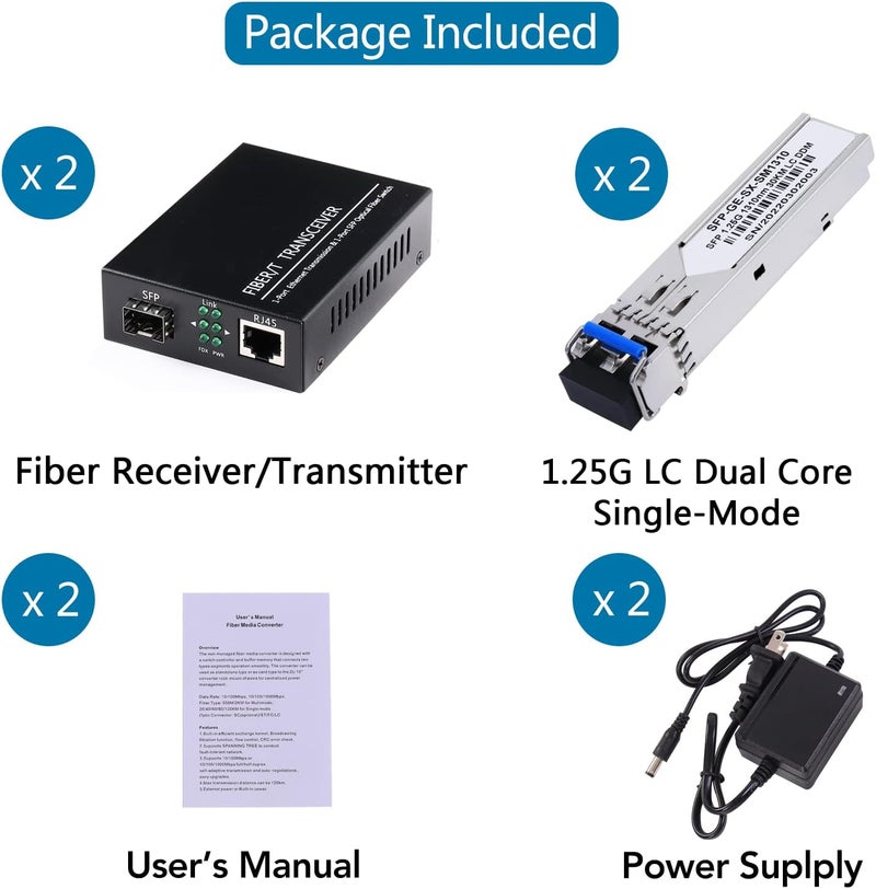 GESD 2 Pack 1.25G/s Bidi Gigabit Single-Mode Fiber to Ethernet Media Converter with 2PCS Bidi SFP LC Dual Transceiver Module Included, 10/100/1000Base-Tx to 1000Base-LX SMF RJ45 to SFP Slot up to 550M - Image 2
