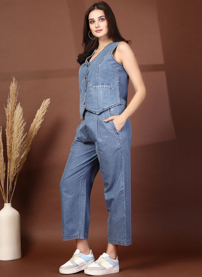 PlusS Navy Blue Sleeveless Waistcoat With Trouser For Women - Image 5