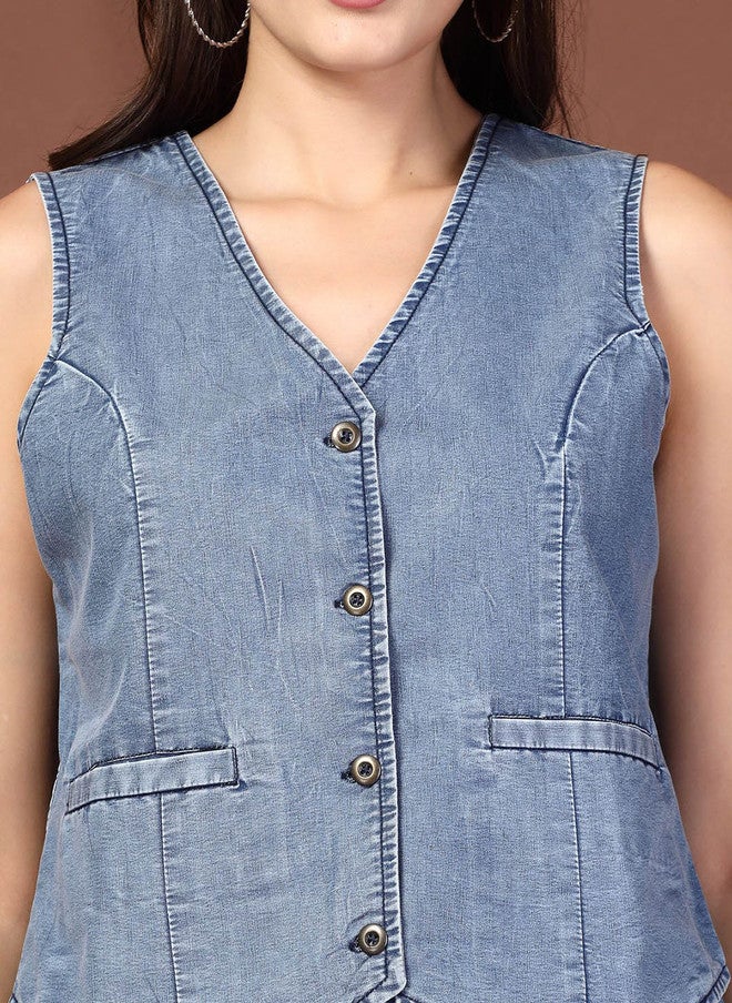 PlusS Navy Blue Sleeveless Waistcoat With Trouser For Women - Image 2