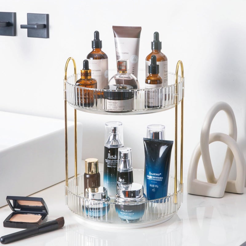 Rotating Makeup Organizer for Vanity Skincare Make Up Storage Perfume Organizers for bathroom countertop Clear Cosmetic Organizer for Dresser Lipstick Hair product Spinning Stand Organizer 2 Tier