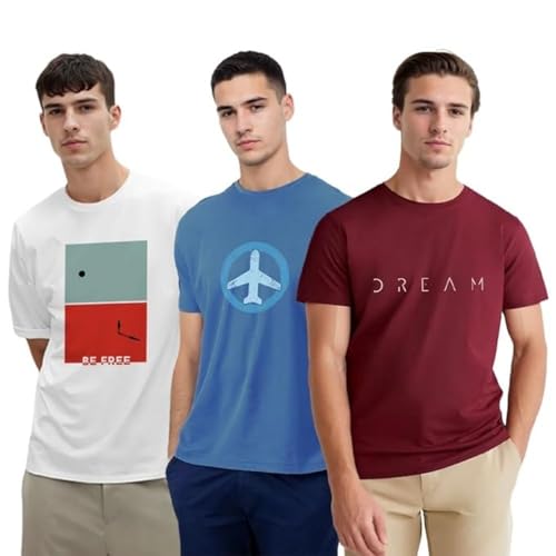 NOBERO Men's Cotton Letter Print Regular Fit T-Shirt (1M-TWTS-C0766-148X4_White/Wine Red/Marine, Large - Image 1