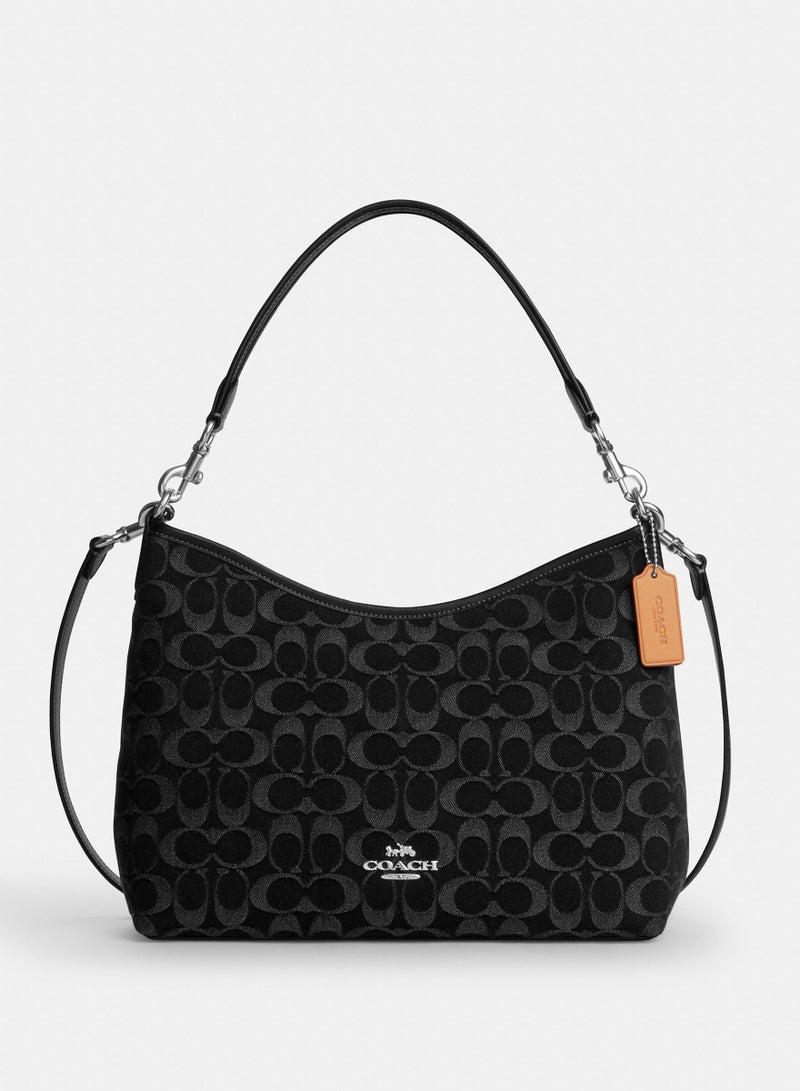 coachoutlet COACH New Season Women's Classic Logo Denim LAUREL Medium Shoulder Bag, Crossbody Bag, Underarm Bag in Black Denim - Image 1