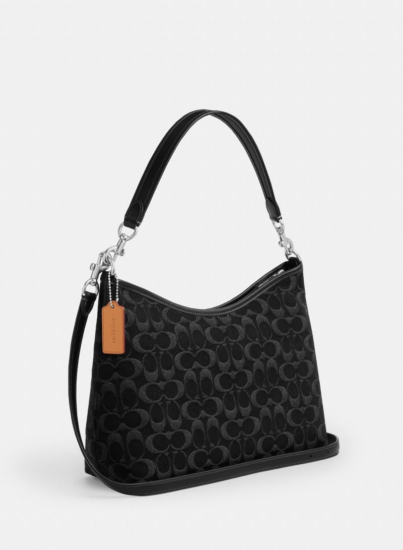 coachoutlet COACH New Season Women's Classic Logo Denim LAUREL Medium Shoulder Bag, Crossbody Bag, Underarm Bag in Black Denim - Image 2