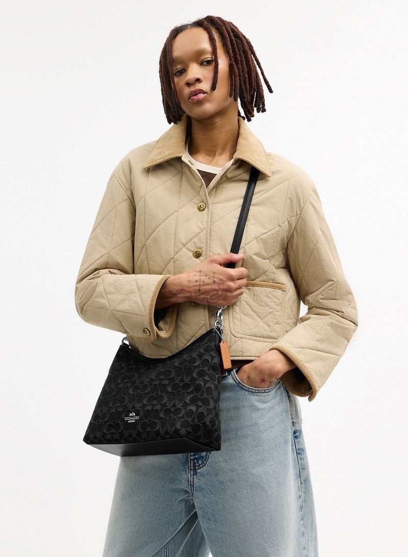 coachoutlet COACH New Season Women's Classic Logo Denim LAUREL Medium Shoulder Bag, Crossbody Bag, Underarm Bag in Black Denim - Image 5