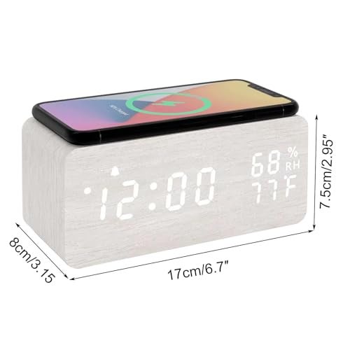 Lancoon Wooden LED Alarm Clock with Wireless Charging Temperature and Humidity Display Calendar Adjustable Brightness Sound Control for Bedroom Home Office (White) - Image 4