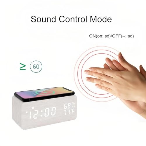 Lancoon Wooden LED Alarm Clock with Wireless Charging Temperature and Humidity Display Calendar Adjustable Brightness Sound Control for Bedroom Home Office (White) - Image 2