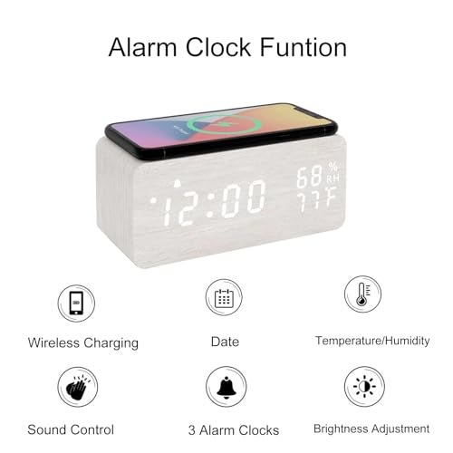 Lancoon Wooden LED Alarm Clock with Wireless Charging Temperature and Humidity Display Calendar Adjustable Brightness Sound Control for Bedroom Home Office (White) - Image 3
