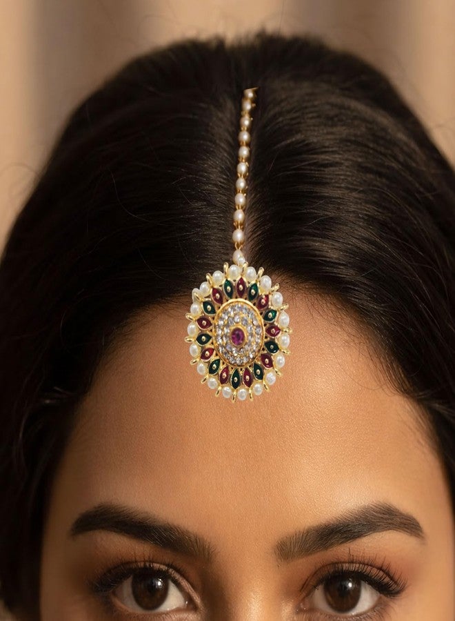 VAMA FASHIONS Traditional Rajasthani Gold Plated Multicolor Pearl Chain Bor Tika Maang Tikka Maangtika Rajputi Borla Jewelery for Women & Girls (Borla Maang Tikka) - Image 3