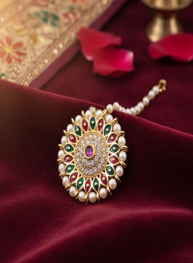 VAMA FASHIONS Traditional Rajasthani Gold Plated Multicolor Pearl Chain Bor Tika Maang Tikka Maangtika Rajputi Borla Jewelery for Women & Girls (Borla Maang Tikka) - Image 4