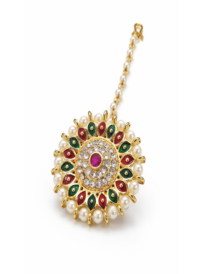VAMA FASHIONS Traditional Rajasthani Gold Plated Multicolor Pearl Chain Bor Tika Maang Tikka Maangtika Rajputi Borla Jewelery for Women & Girls (Borla Maang Tikka) - Image 1