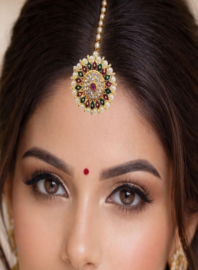 VAMA FASHIONS Traditional Rajasthani Gold Plated Multicolor Pearl Chain Bor Tika Maang Tikka Maangtika Rajputi Borla Jewelery for Women & Girls (Borla Maang Tikka) - Image 5