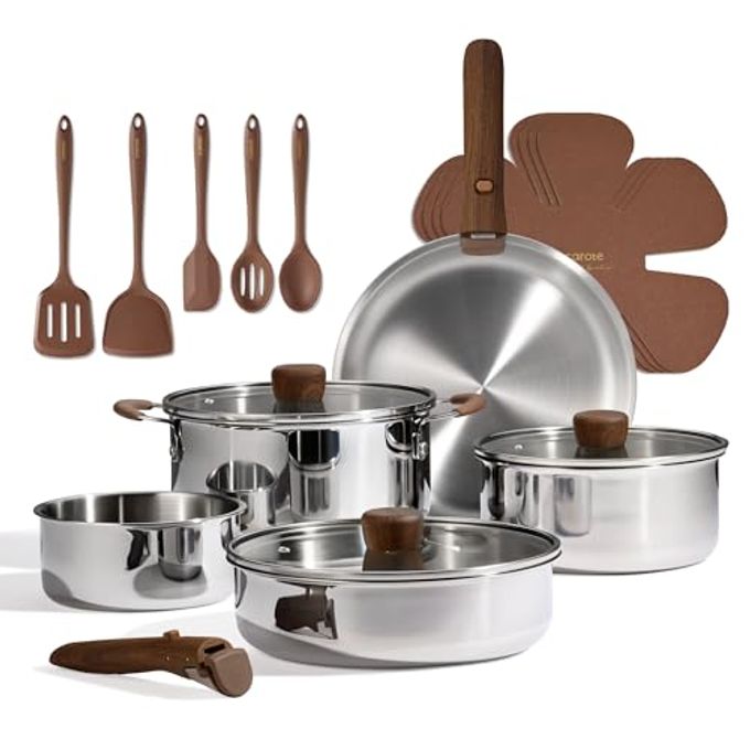 CAROTE 19pcs Stainless Steel Cookware Set with Detachable Handle, Pots and Pans Set, Induction Kitchen Cooking Sets, RV/Camping Cookware, Removable Handle, Oven Safe, Woodgrain, Mothers Day Gifts