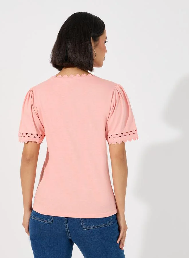 Styli Scallop Lace Insert V Neck Top